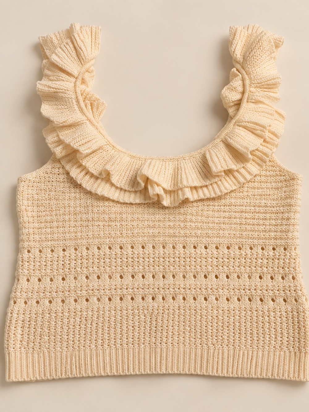 7 For All Mankind Cream Ruffle-Neck Knit Tank